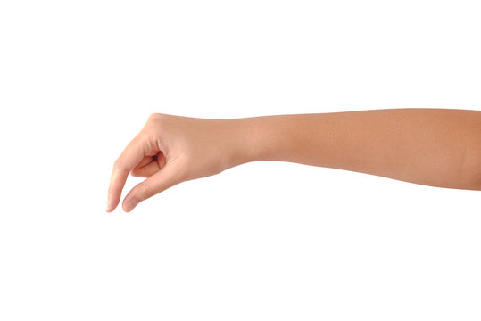 Close-up of woman's hand holding or turning something isolated on white background.