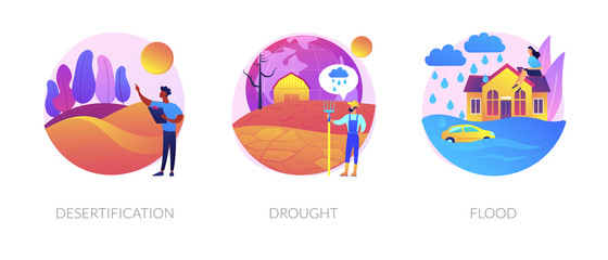 Fototapeta premium Global warming consequence, climate change outcome. Wildlife extinction, sea level and landscape changing. Desertification, drought, flood metaphors. Vector isolated concept metaphor illustrations.