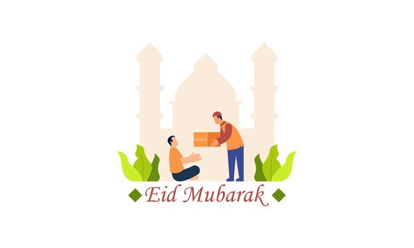 Moslem man giving foods donation to poor people with eid mubarak background illustration