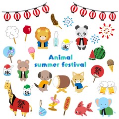 かわいい動物たちの夏祭り素材イラストセット