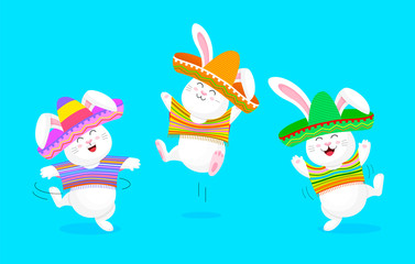 Mexican rabbit character set in vivid pocho and sombrero. Cute cartoon dancing.  Vector illustration isolated on blue background.