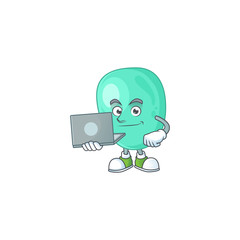 Diligent staphylococcus aureus mascot design style working from home with laptop