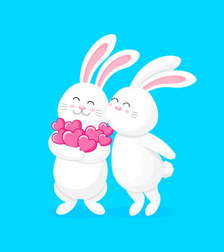 Cute cartoon white rabbits holding love hearts. Happy Valentine's day.  Cartoon character design. Vector illustration isolated on blue background.