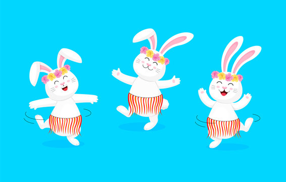 Cute cartoon rabbit character set in dance. Beautiful graceful Hawaiian dancing hula in traditional costume. Garland and red skirt. Vector illustration isolated on blue background.