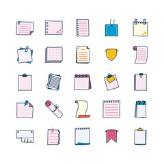 memo pad and notes icon set, line and fill style