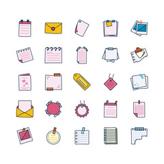 photographs and notes, messages icon set, line and fill style