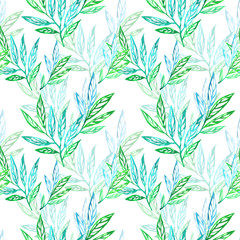 Fototapeta na wymiar Floral seamless pattern with leaves watercolour. Hand drawn watercolour illustration in vintage style. Leafy background for textile, paper, decoration and wrapping