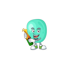 Mascot cartoon design of staphylococcus aureus making toast with a bottle of beer