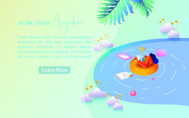 Concept of remote working and work from anywhere. Working from home during Covid-19. Landing page template.  Vector illustration.