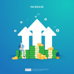 Finance performance concept. business profit increase with growth up arrow and people character. income salary rate grow margin revenue with dollar symbol. return on investment ROI vector illustration