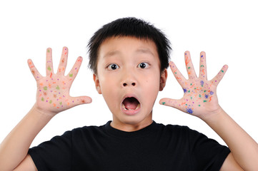 aby health care for germs and touch concepts. A good looking Asian boy of 8 years old shocking by bacteria on hands. Kid in t-shirt with emotion face and The gestures raised both hands near face.