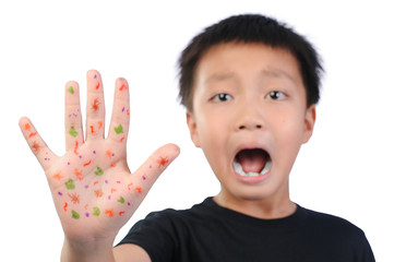 Children health care for germs and touch concepts. A smart Asian boy of 8 years old shocking by bacteria on hands. Kid showing hand with emotion face and The gestures raised a hand (selective focus)