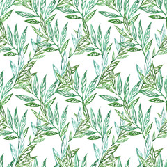 Floral seamless pattern with leaves watercolour. Hand drawn watercolour illustration in vintage style. Leafy background for textile, paper, decoration and wrapping