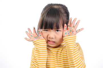 Baby health care for germs and touch concepts. A little Asian girl (5years old) shocking by bacteria on hands. Kid in yellow t-shirt with emotion face and The gestures raised both hands near face.