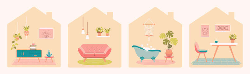 Collection of room interior with home furniture. Flat vector illustration