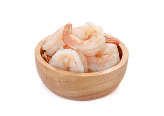 Shrimp cooked in a wood bowl on white background