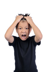 Facial expressions and emotional gestures of children concept. A smart young asian boy of 8 years old doing gestures and expressing very angry faces and raise a hold to head with copy space.