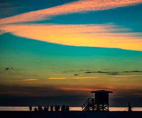 sunset at the beach, sky, sea, clouds, orange, lifeguard tower, seascape, travel, summer, dusk