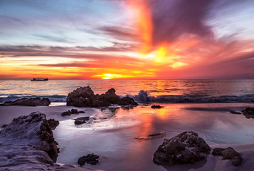 sunset on the beach, sea, beach, ocean, beautiful, reflection, orange, rocks, waves, purple, blue