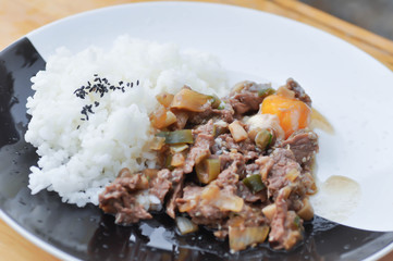 stir fried beef with vegetable and rice