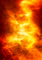 Flames burn on clouds in hot sky, brun cloudy with orange and red light