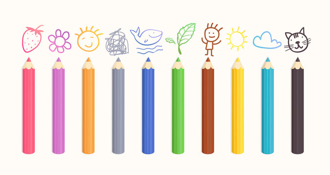 Color pencils collection with doodle pictures hand drawn. Vector clipart collection of school supplies realistic colorful set with sample crayon drawings.