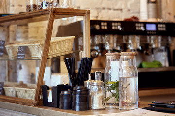 Disposable tubes and cups in the cafe.