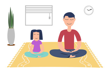 family with little daughter meditate relieve negative emotions at home.