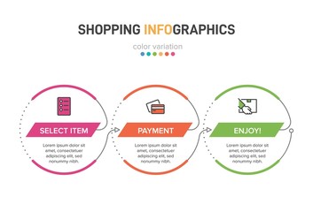 Concept of shopping process with 3 successive steps. Three colorful graphic elements. Timeline design for brochure, presentation, web site. Infographic design layout.