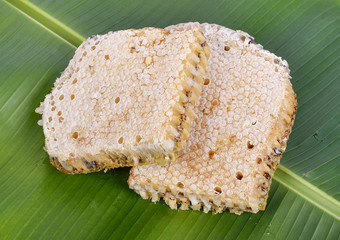 The larvae of bees in a honeycomb on a banana leaf background