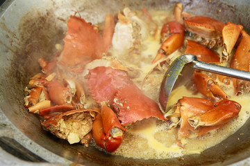 crab in a pan. crab cooking process