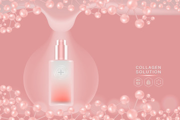Beauty product ad design, pink cosmetic container with collagen solution advertising background ready to use, luxury skin care banner, illustration vector.