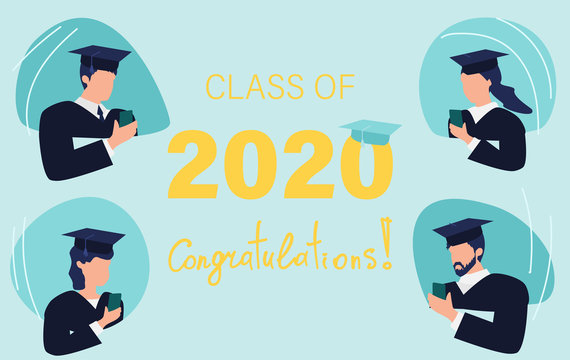 Class Of 2020 Year Prepare For Virtual Graduation Ceremonies. Graduate Digitally. Congratulation. Students In Academic Cap. Graduates Using Mobile Smartphone For Reposting Images And Graduation Text.