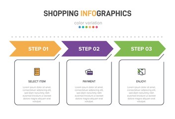 Concept of shopping process with 3 successive steps. Three colorful graphic elements. Timeline design for brochure, presentation, web site. Infographic design layout.