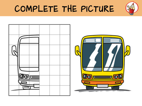 Complete the picture of a yellow bus. Copy the picture. Coloring book. Educational game for children. Cartoon vector illustration