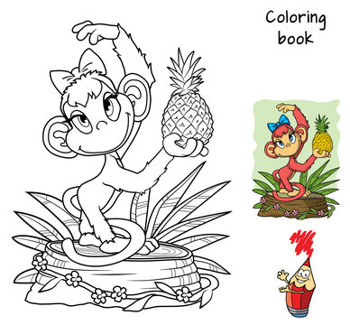 Cute little monkey with pineapple. Coloring book. Cartoon vector illustration