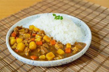 Japanese beef curry served with Japanese Rice close up. Traditional popular food of Japan.