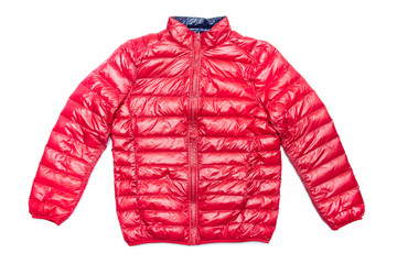 Blue and red full zipper windbreaker down jacket, rain proof down jacket. Down jacket sport shiny nylon full zip isolated on white.  © cattyphoto