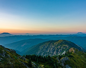 Sunset with Mt St Helen,Mt Rainier and Mt Adams from Silver Star Mountain summit