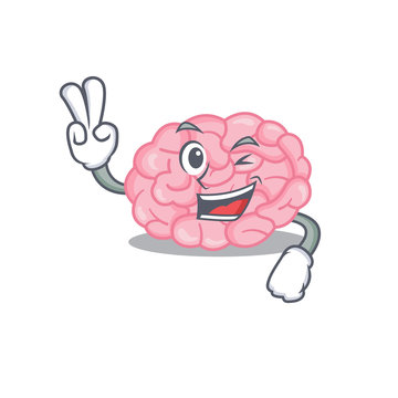 Happy human brain cartoon design concept with two fingers