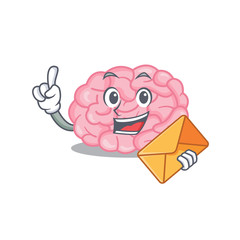 Happy human brain mascot design concept with brown envelope