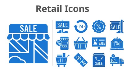 retail icons set. included shopping bag, online shop, sale, 24-hours, shop, shopping cart, discount, shopping-basket, delivery truck icons. filled styles.