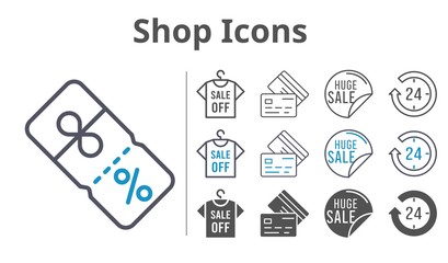shop icons icon set included sale, 24-hours, shirt, discount, credit card icons
