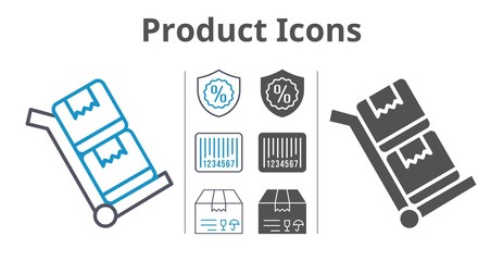 product icons icon set included package, warranty, barcode, trolley icons