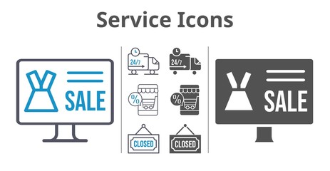 service icons icon set included online shop, closed, delivery truck icons