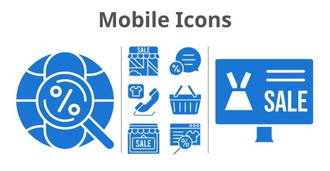 mobile icons set. included online shop, shop, chat, phone call, shopping-basket, internet icons. filled styles.