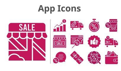app icons set. included profits, online shop, wallet, shop, like, chat, discount, delivery truck, internet, stopwatch icons. filled styles.
