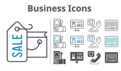 business icons icon set included shopping bag, online shop, money, phone call, barcode icons
