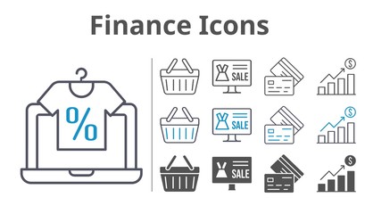 finance icons icon set included online shop, profits, shopping-basket, credit card, shopping basket icons