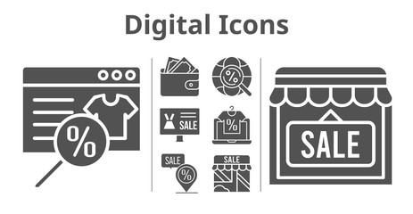 digital icons set. included online shop, wallet, shop, placeholder, internet icons. filled styles.
